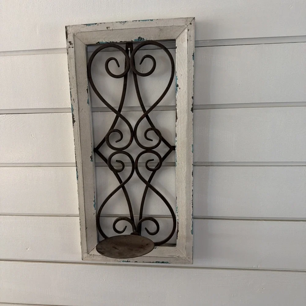 Rustic Farmhouse Wood Frame Wall Decor Metal Scroll Window Candle Or Plant Hold